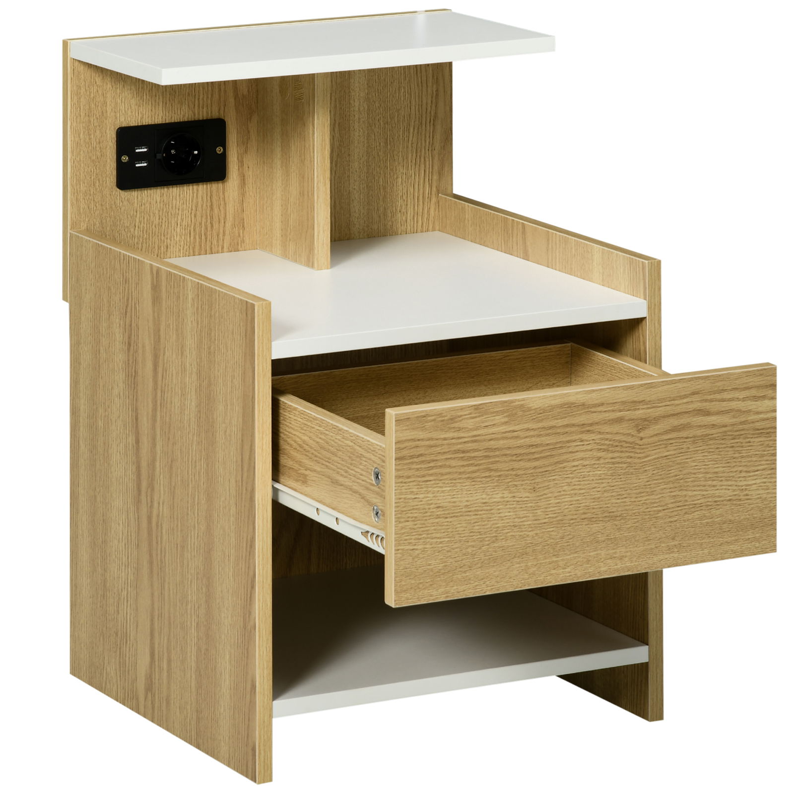 HOMCOM Noptiera moderna cu 2 Prize si iesiri USB si Sertar din PAL, 40x40x60cm, Culoare Lemn natur | Aosom RO