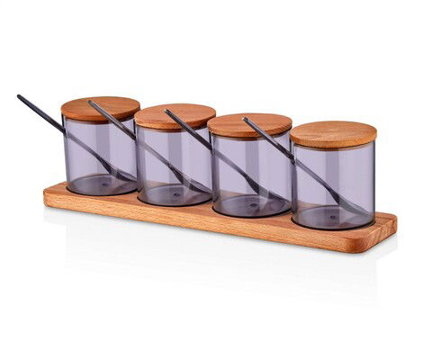 Set recipiente pentru condimente cu suport, Plasberg, 619PLS1142, Plastic, Maro/Mov