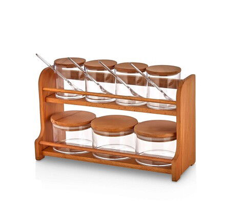 Set recipiente pentru condimente cu suport, Plasberg, 619PLS1119, Plastic, Maro/Transparent