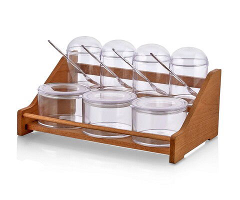 Set recipiente pentru condimente cu suport, Plasberg, 619PLS1130, Plastic, Maro/Transparent