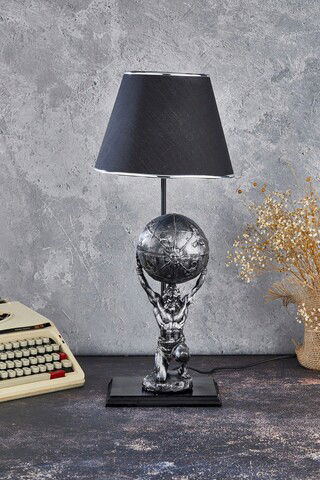 Lampa de masa, FullHouse, 390FLH1945, Baza din lemn, Argintiu / Negru