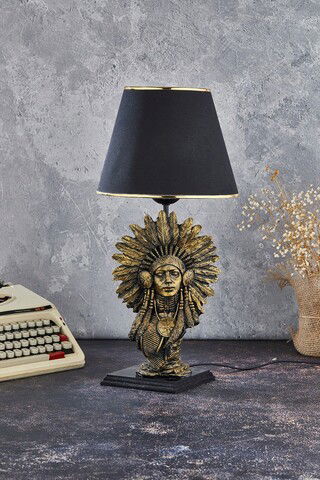Lampa de masa, FullHouse, 390FLH1952, Baza din lemn, Aur/Negru
