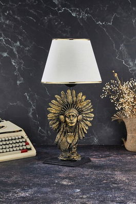 Lampa de masa, FullHouse, 390FLH1953, Baza din lemn, Aur/Alb