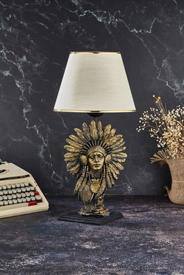 Lampa de masa, FullHouse, 390FLH1957, Baza din lemn, Aur / Bej