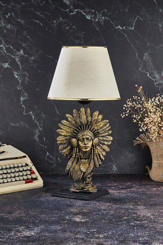 Lampa de masa, FullHouse, 390FLH1957, Baza din lemn, Aur / Bej