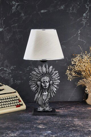Lampa de masa, FullHouse, 390FLH1955, Baza din lemn, Argintiu / Bej
