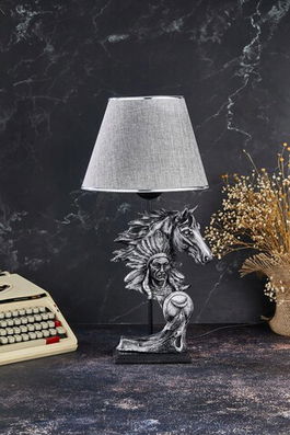 Lampa de masa, FullHouse, 390FLH1915, Baza din lemn, Gri argintiu