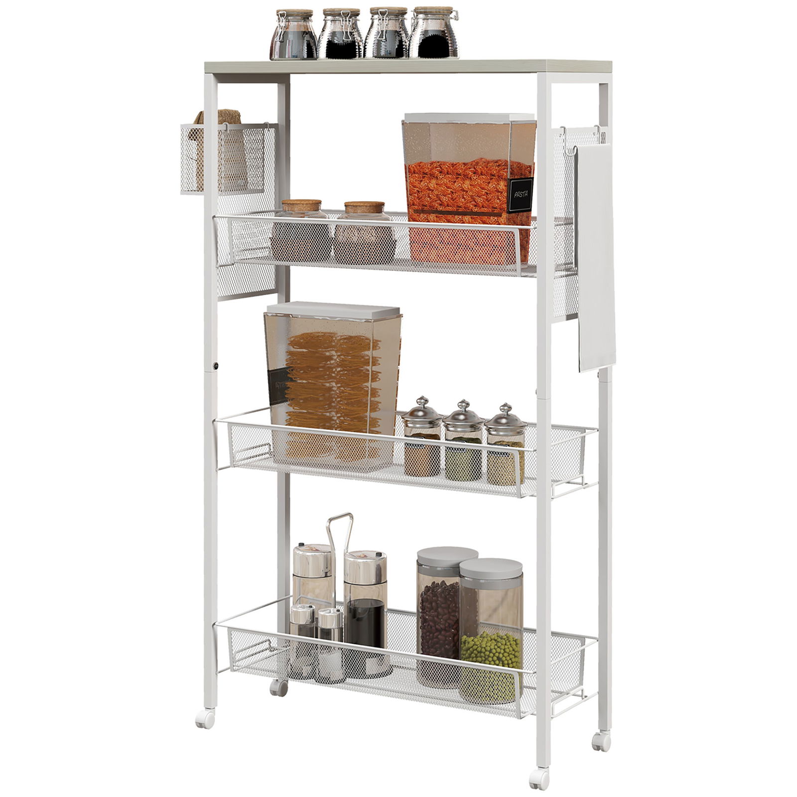 HOMCOM Carucior de Bucatarie cu 3 Nivele, Multifunctional pe Roti cu 3 Cosuri din Sarma de Otel, Carlig, Carucior de Servire Rulant, Alb | Aosom RO