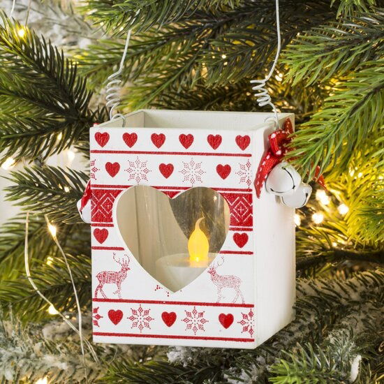 Felinar decorativ din lemn Light Alb / Rosu, L7xl7xH9 cm