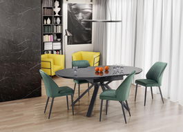 Set masa extensibila din sticla, MDF si metal, Verity Negru + 4 Scaune tapitate cu stofa si picioare metalice, Kai-432 Velvet Verde Inchis / Negru, L130-180xl130xH76 cm