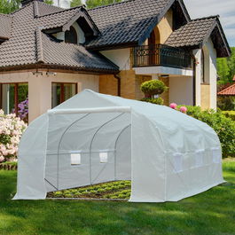 Outsunny Serra da Giardino con Tetto a Spiovente in PE con Tubi in Ferro, Bianco, 3.5x3x2m