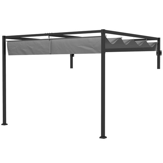 Outsunny Pergola de 3x4m Inclinata cu Acoperis Retractabil, Foisor de Gradina Montat pe Perete, Adapost de Umbra in aer Liber