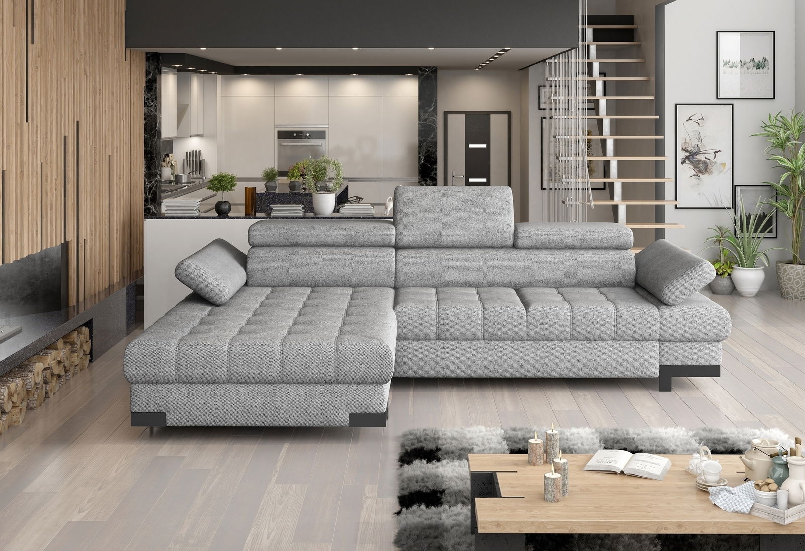 Coltar Savel Mini Extensibil, Sezlong pe Stanga, Suprafata de Dormit 216x122 cm, cu Lada de Depozitare, Tetiere si Cotiere Reglabile, l270xA173xH75 cm - tapitat cu Monolith 15