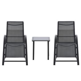 Outsunny Set 2 sezlonguri si masuta cu blat din sticla, sezlong pentru gradina din material respirabil si metal, 59x169x66 cm, negru