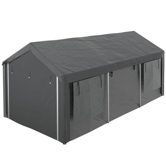 Outusunny Carport 3 x 6m, Garaj portabil cu inaltime reglabila, Copertina tip cort pentru exterior cu 4 ferestre din plasa, 4 usi, pentru masina, camion, barca, motocicleta, bicicleta,, Gri inchis