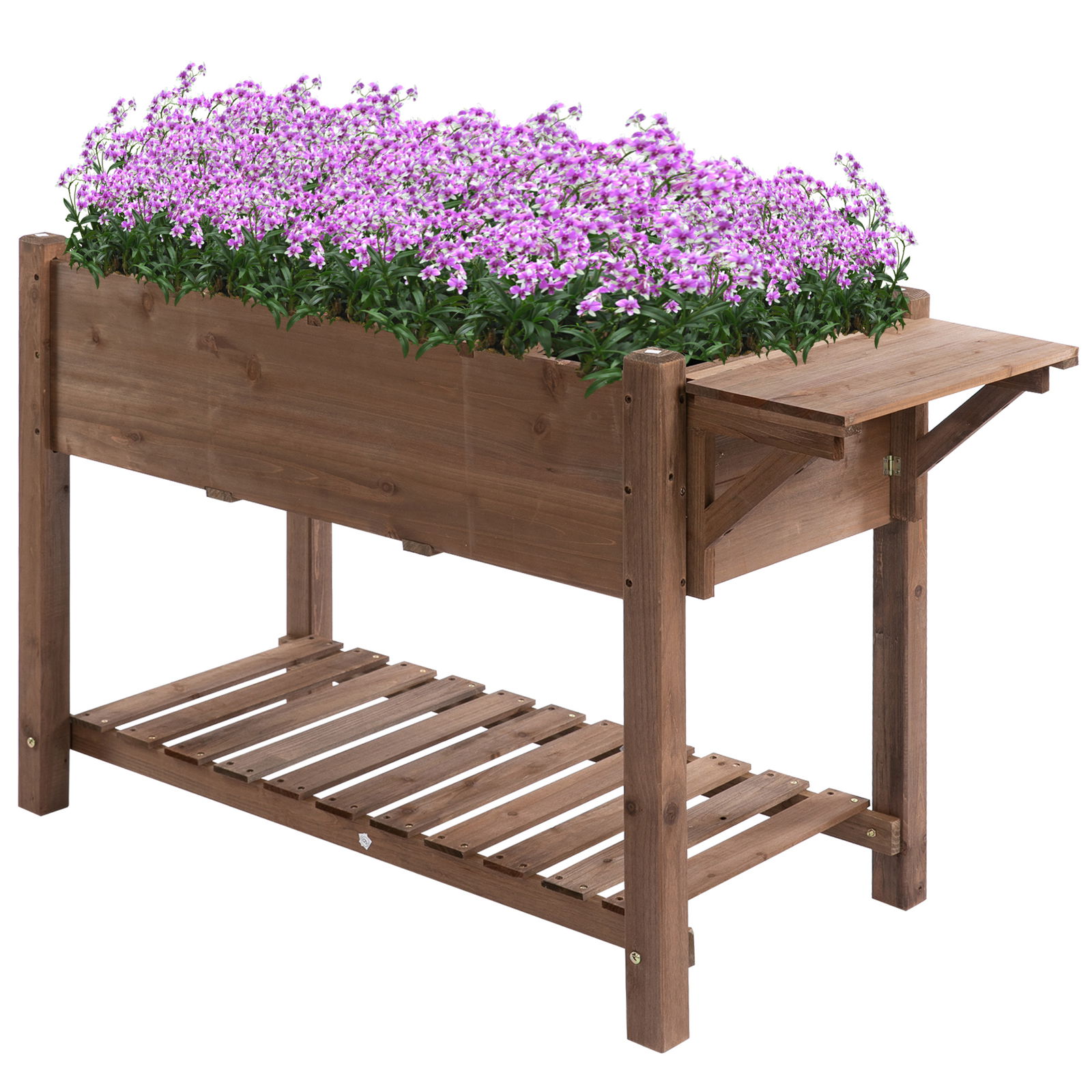 Outsunny Jardiniera suprainaltata din lemn pentru gradina, jardiniera suprainaltata cu raft pliabil si raft inferior, 123x54x74cm, maro