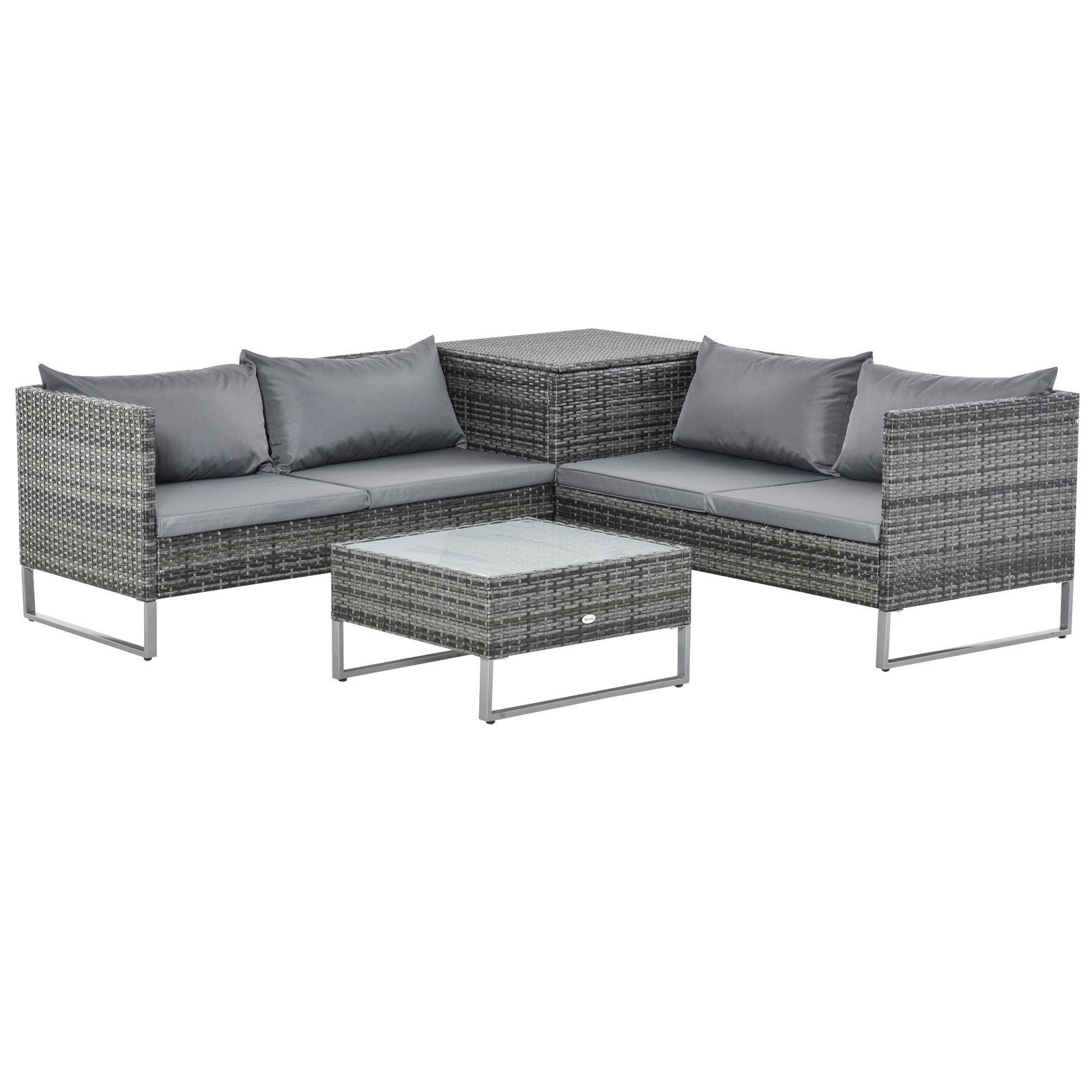 Outsunny Set de Gradina 4 Bucati cu 2 Canapele 2 Locuri, Masuta de Cafea si Masuta Inalta cu Lada, Set Masute si Scaune de Gradina din Otel si Ratan Gri si Argintiu