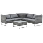 Outsunny Set de Gradina 4 Bucati cu 2 Canapele 2 Locuri, Masuta de Cafea si Masuta Inalta cu Lada, Set Masute si Scaune de Gradina din Otel si Ratan Gri si Argintiu