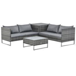 Outsunny Set de Gradina 4 Bucati cu 2 Canapele 2 Locuri, Masuta de Cafea si Masuta Inalta cu Lada, Set Masute si Scaune de Gradina din Otel si Ratan Gri si Argintiu