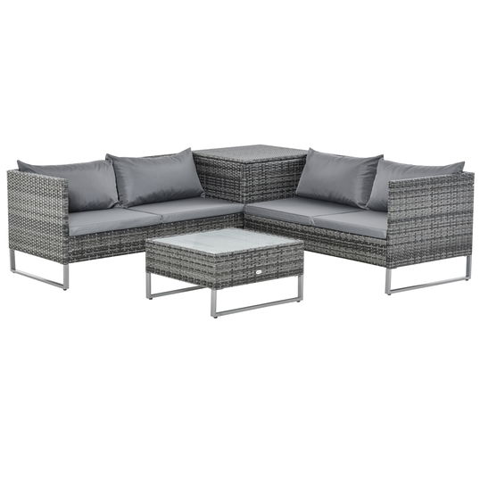Outsunny Set de Gradina 4 Bucati cu 2 Canapele 2 Locuri, Masuta de Cafea si Masuta Inalta cu Lada, Set Masute si Scaune de Gradina din Otel si Ratan Gri si Argintiu