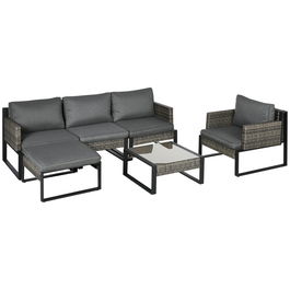 Outsunny Set de Gradina 6 Piese cu Fotoliu, Suport pentru Picioare si Masuta, Salon pentru Exterior din Ratan PE cu Perne si Blat de Sticla, Gri