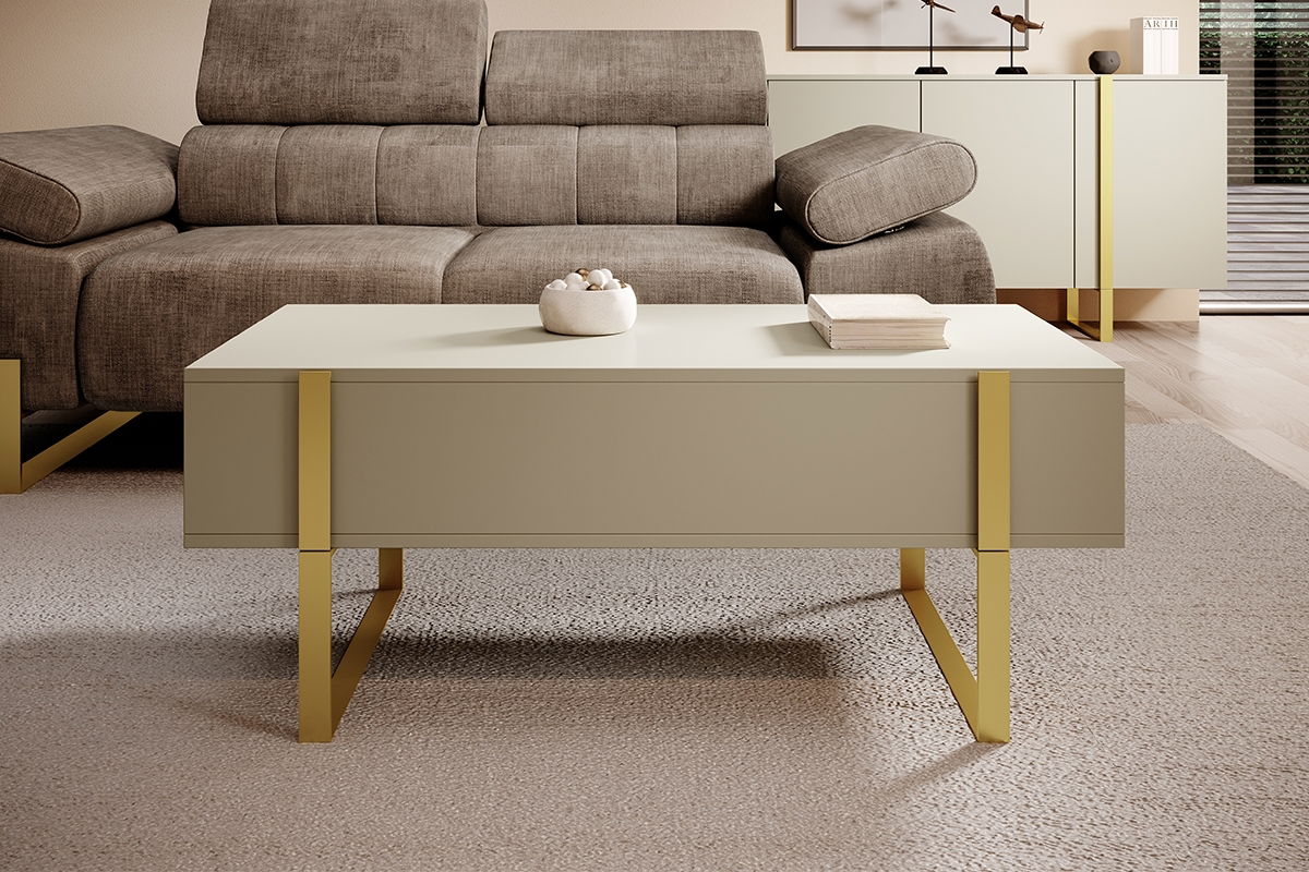 Masa de cafea din pal si metal, cu 2 sertare, Verica 120-2SZ Crem / Auriu, L120xl60xH48 cm