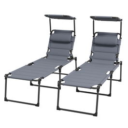 Outsunny Sezlong pliabil cu parasolar reglabil, Sezlonguri pentru exterior cu capitonaj cu uscare rapida, cu tetiera, Sezlong cu spatar rabatabil pentru plaja, curte, terasa, Gri