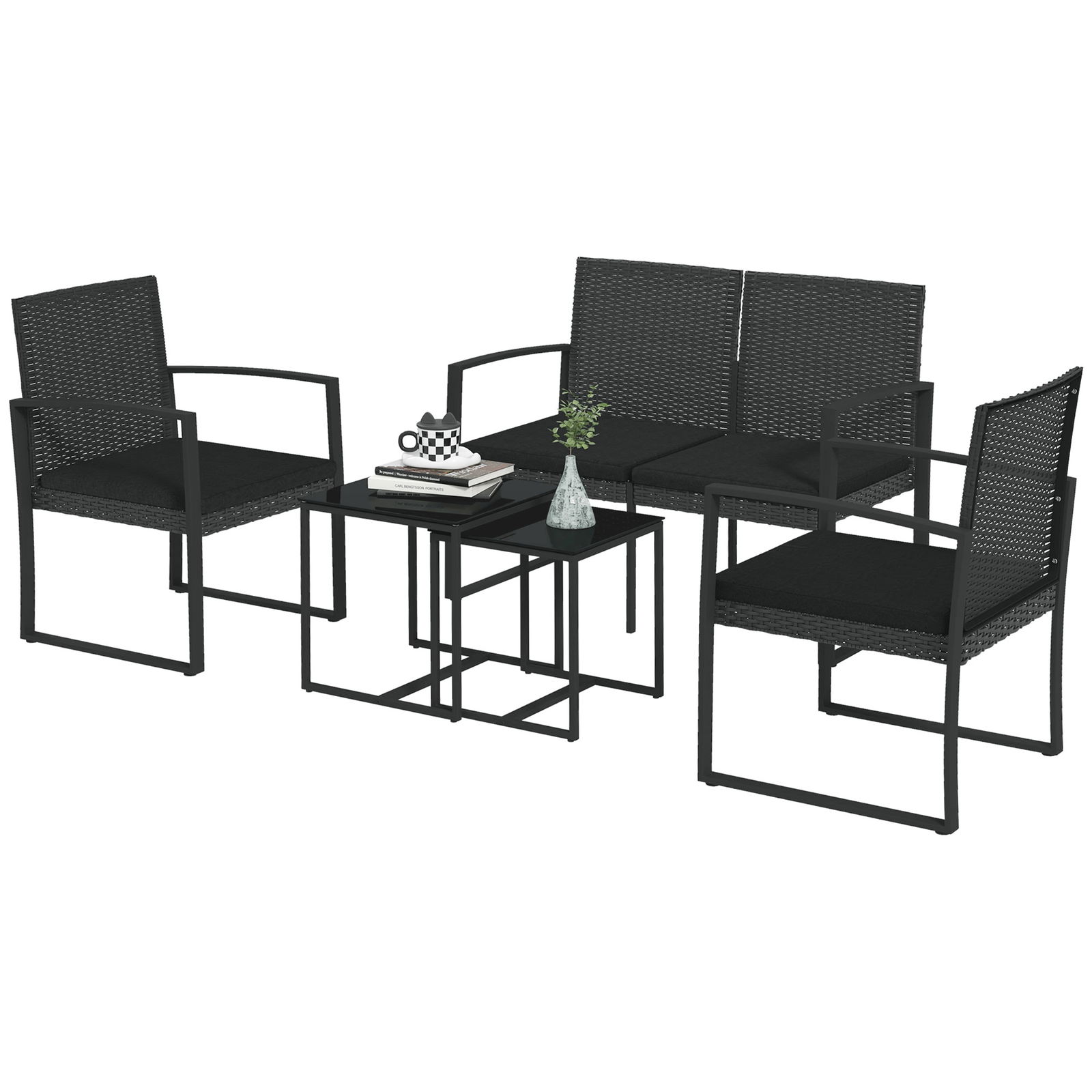 Outsunny Set de 5 piese din ratan PP Set de canapea cu perne, Mobilier de gradina pentru exterior cu canapea pentru doua pesoane cu efect de ratan, Negru