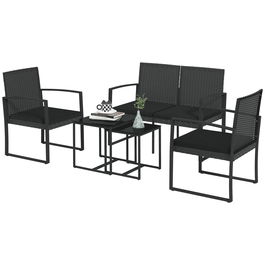 Outsunny Set de 5 piese din ratan PP Set de canapea cu perne, Mobilier de gradina pentru exterior cu canapea pentru doua pesoane cu efect de ratan, Negru