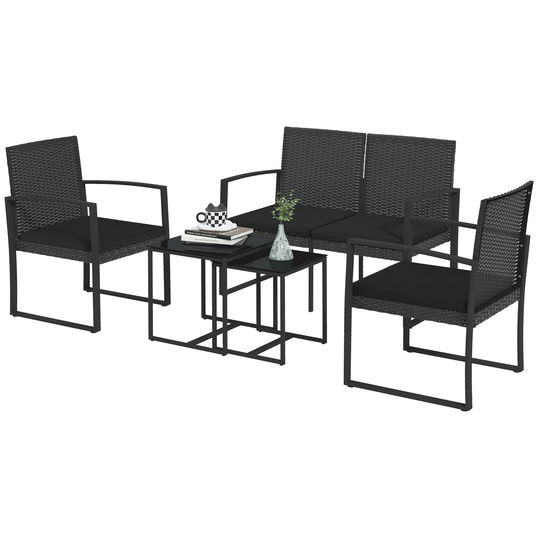 Outsunny Set de 5 piese din ratan PP Set de canapea cu perne, Mobilier de gradina pentru exterior cu canapea pentru doua pesoane cu efect de ratan, Negru