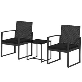 Outsunny Set de cafea din ratan PP din 3 piese cu perne, Mobilier bistro pentru exterior cu fotolii cu efect de ratan si masa cu blat din sticla, pentru terasa, veranda, Negru