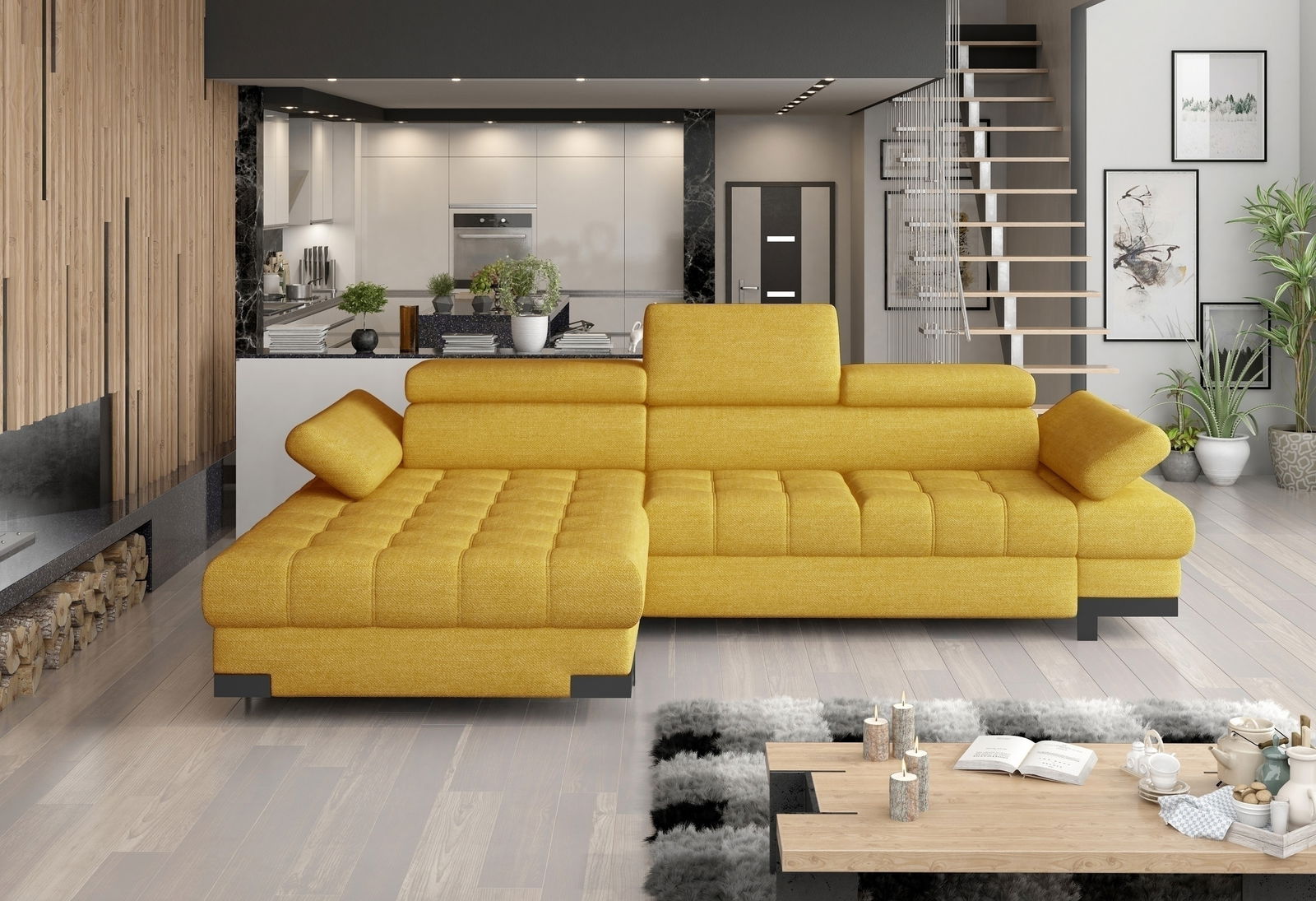 Coltar Savel Mini Extensibil cu Sezlong pe Stanga, cu Lada de Depozitare, Tetiere si Cotiere Reglabile, l270xA173xH75 cm - tapitat cu Illias 01