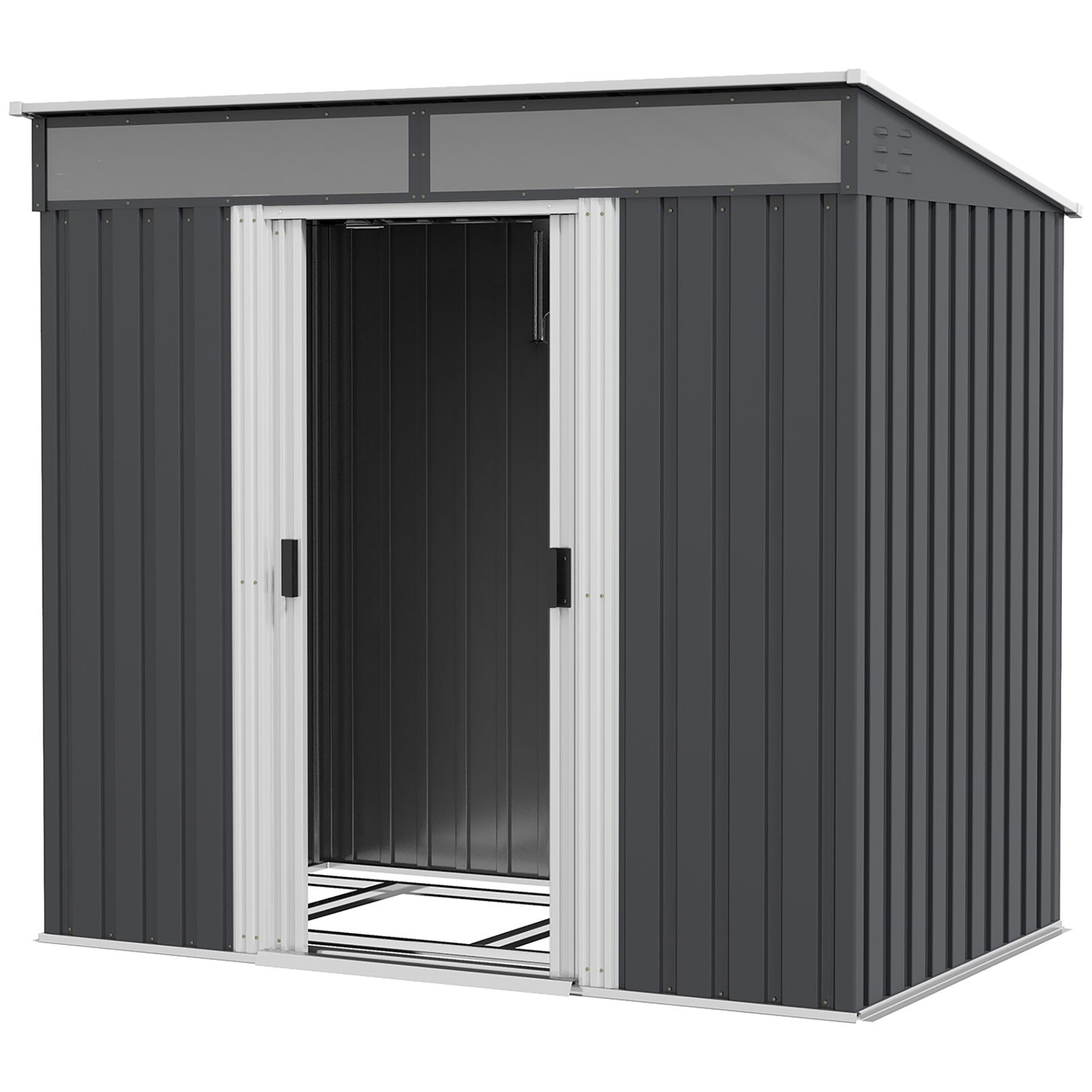 Outsunny Magazie 6,5 x 4 FT din metal galvanizat cu fundatie pentru gradina, Depozit cu incuietoare pentru unelte cu usi glisante duble si 2 orificii de ventilatie, Gri