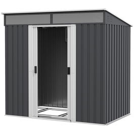 Outsunny Magazie 6,5 x 4 FT din metal galvanizat cu fundatie pentru gradina, Depozit cu incuietoare pentru unelte cu usi glisante duble si 2 orificii de ventilatie, Gri
