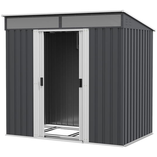 Outsunny Magazie 6,5 x 4 FT din metal galvanizat cu fundatie pentru gradina, Depozit cu incuietoare pentru unelte cu usi glisante duble si 2 orificii de ventilatie, Gri