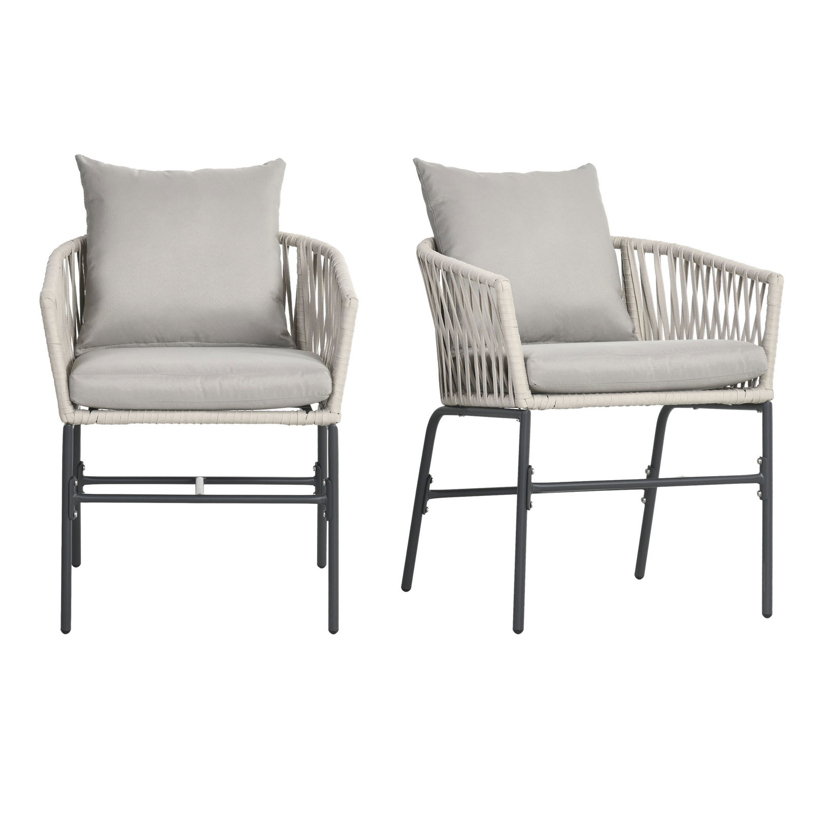 Outsunny Set boem de 2 scaune pentru terasa din franghie impletita, Scaune de dining pentru exterior, cu perne, pentru balcon, peluza, gradina, interior, Gri