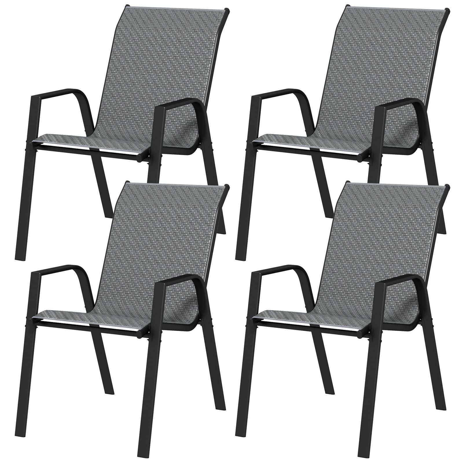Outsunny Set de 4 scaune stivuibile pentru exterior, Scaune de gradina din ratan cu cotiere si spatar, pentru terasa, veranda, Gri