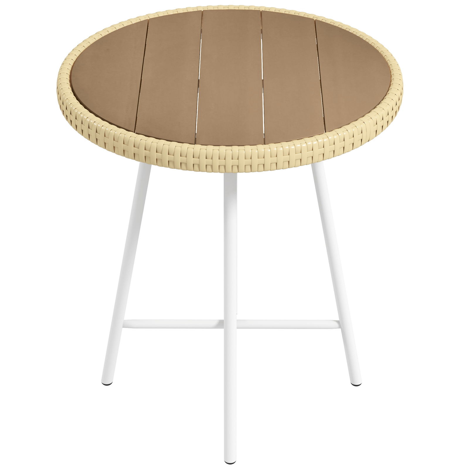 Outsunny Masuta de cafea pentru exterior, Masuta laterala pentru gradina din ratan PE cu blat din lemn plastificat, suport in forma de X pentru interior, exterior, balcon, terasa, culoarea lemnului