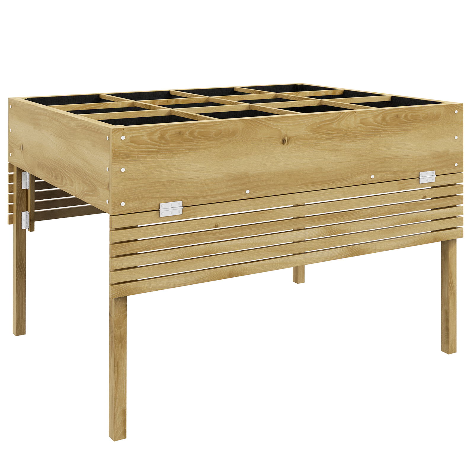 Outsunny Strat de gradina inaltat cu 12 grile de crestere, Jardiniere inaltate din lemn cu rafturi lateale pliabile pentru legume, flori, ierburi, Natural