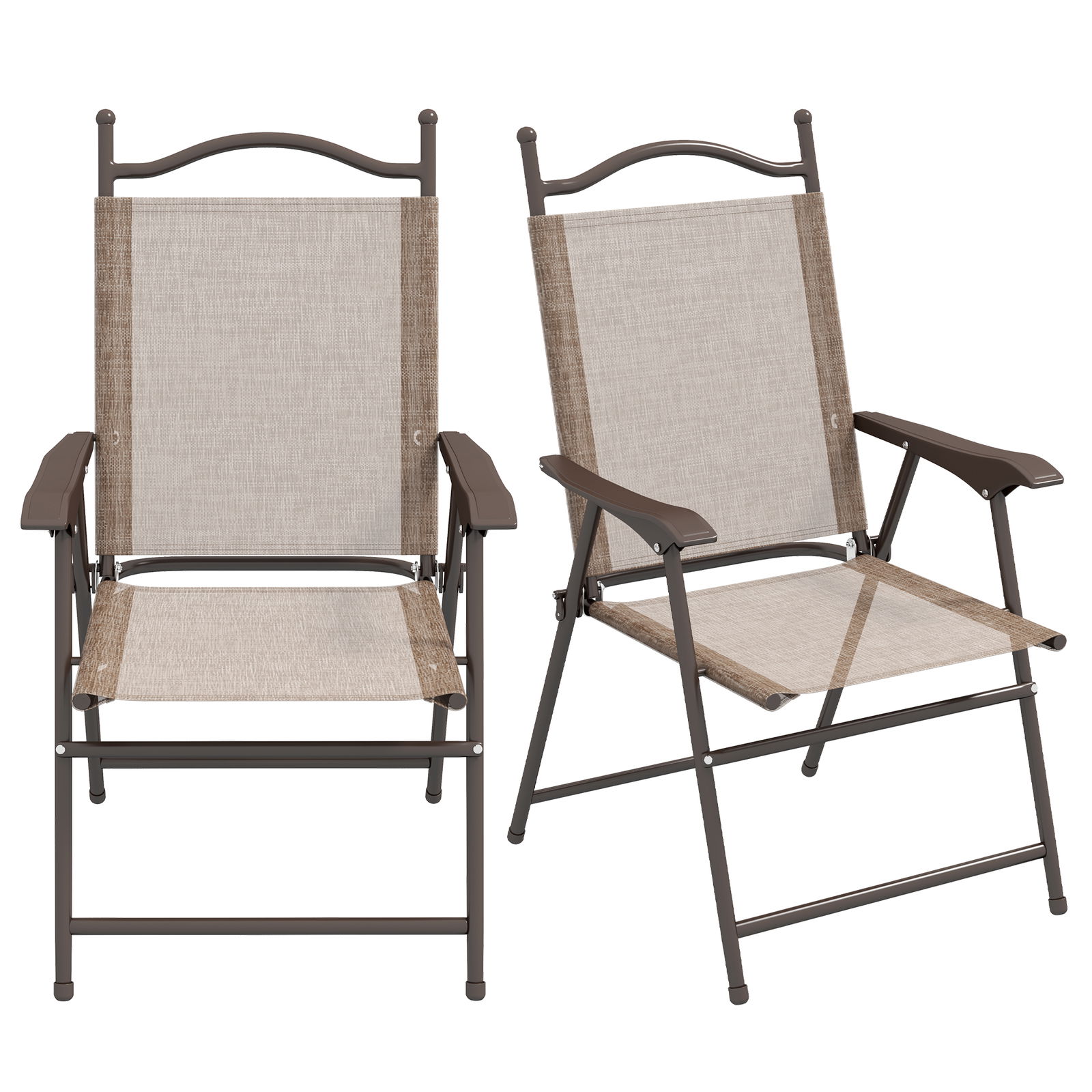 Outsunny Set de 2 scaune pliabile, Scaune pentru gradina cu cotiera, sezut cu tesatura din plasa care permite trecerea aerului, Scaune sport pentru terasa, camping pentru adulti, Maro