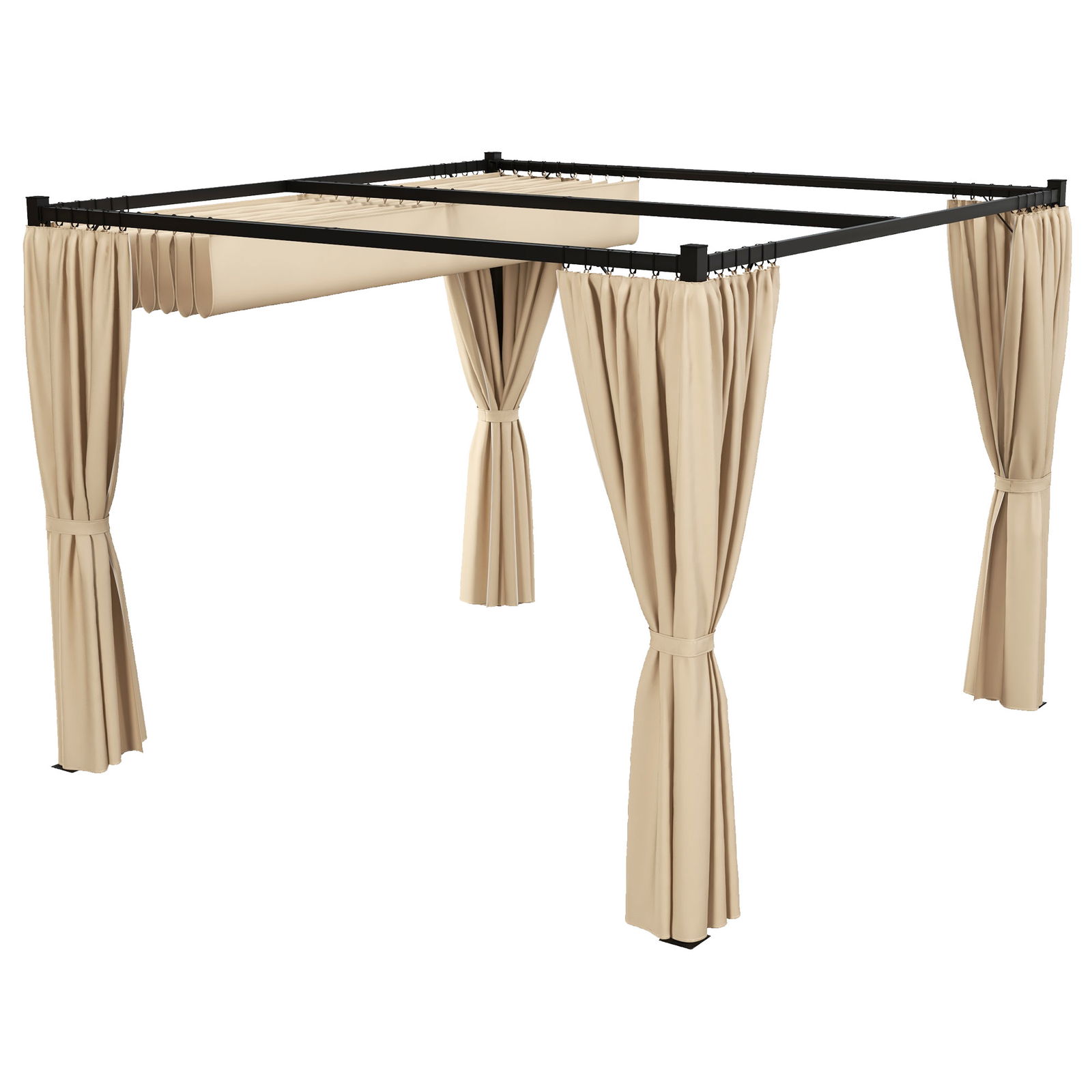Outsunny Pergola 3 x 3(m) cu acoperis copertina retractabila si perdele, Foisor de exterior cu cadru metalic pentru gradina, Adapost de soare pentru gratar, terasa, veranda, Bej