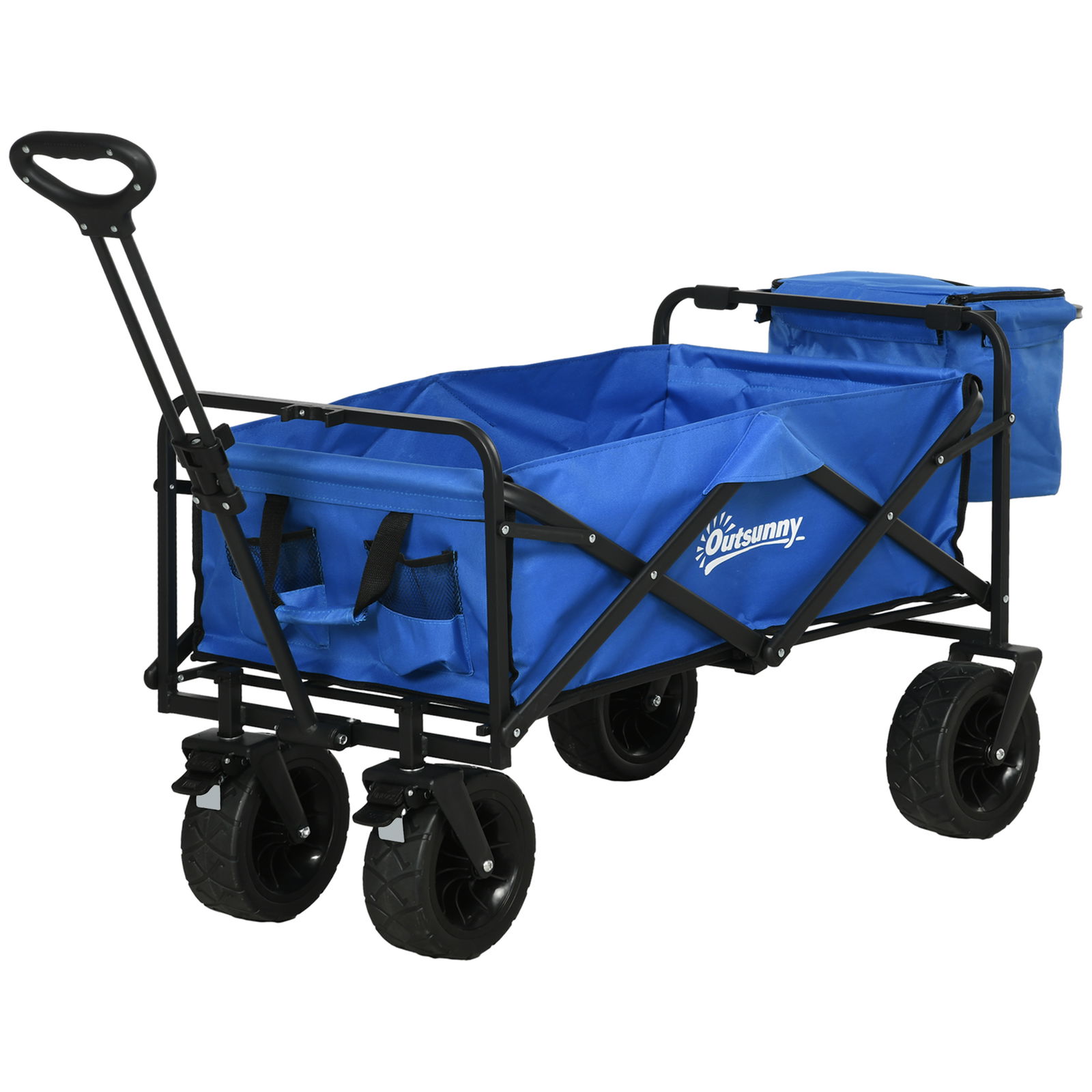 Outsunny Carucior pliabil pentru exterior cu geanta frigorifica detasabila, Carucior pliabil de gradina, Capacitate 100kg, Albastru