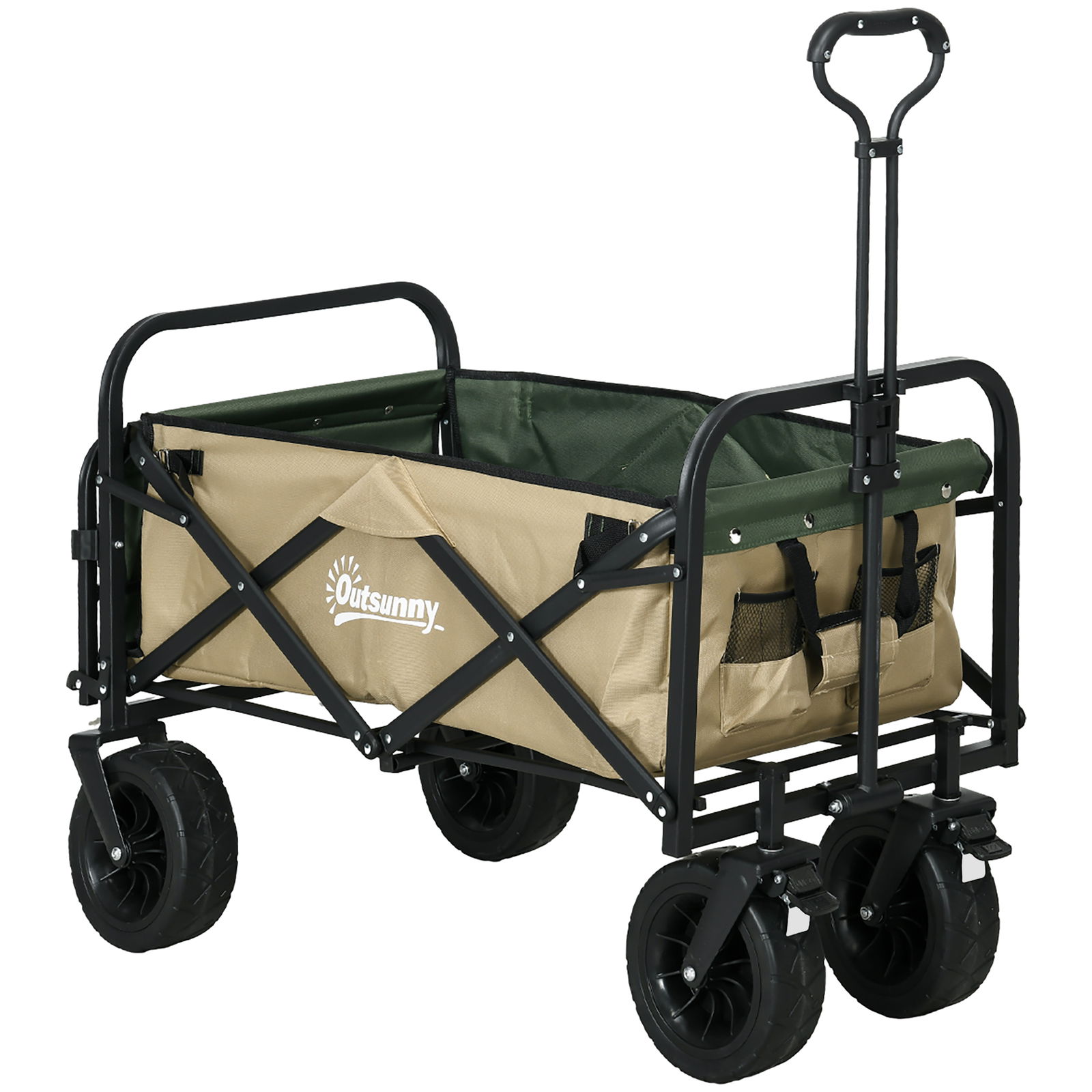 Outsunny Carucior de Exterior Pliabil, Carucior de Camping Rezistent Greutate Tractabila cu Usa in Spate care se Poate Deschide si Maner Telescopic, Capacitate de 100KG, Kaki