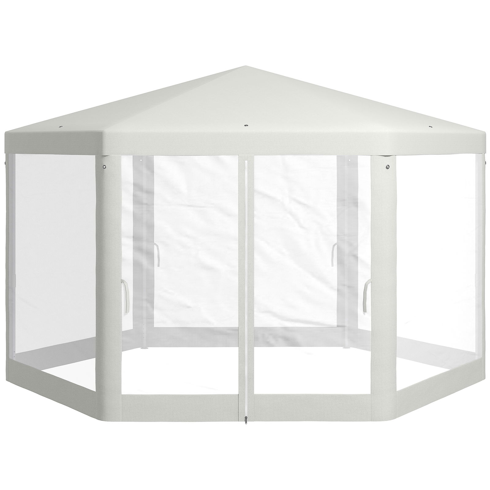 Outsunny Pavilion 4x4 m de Gradina Hexagonal cu Pereti din Plasa, 2 Usi si Picioare Reglabile, Pavilion din Metal si Poliester cu Pari si Franghii