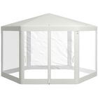 Outsunny Pavilion 4x4 m de Gradina Hexagonal cu Pereti din Plasa, 2 Usi si Picioare Reglabile, Pavilion din Metal si Poliester cu Pari si Franghii