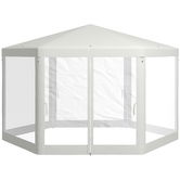 Outsunny Pavilion 4x4 m de Gradina Hexagonal cu Pereti din Plasa, 2 Usi si Picioare Reglabile, Pavilion din Metal si Poliester cu Pari si Franghii