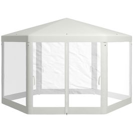 Outsunny Pavilion 4x4 m de Gradina Hexagonal cu Pereti din Plasa, 2 Usi si Picioare Reglabile, Pavilion din Metal si Poliester cu Pari si Franghii