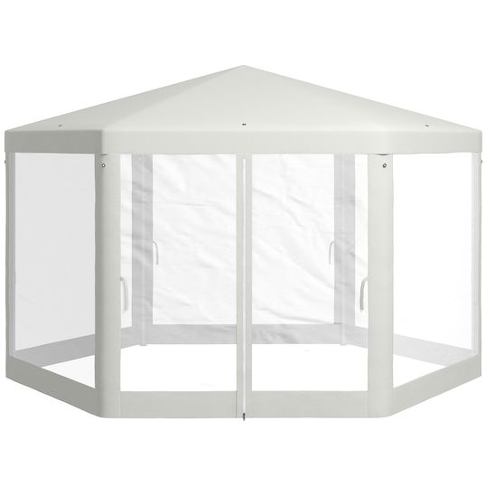 Outsunny Pavilion 4x4 m de Gradina Hexagonal cu Pereti din Plasa, 2 Usi si Picioare Reglabile, Pavilion din Metal si Poliester cu Pari si Franghii