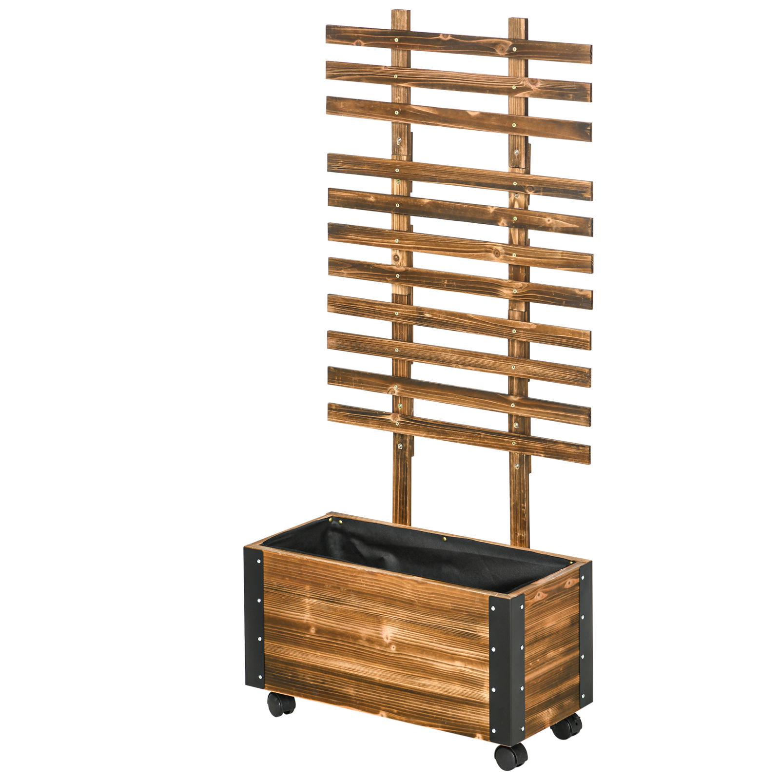 Outsunny Jardiniera cu Spalier pentru Plante Agatatoare si Roti, Jardiniera din Lemn de Brad cu Design Autodrenant, 65x31x147 cm, Maro Carbonizat