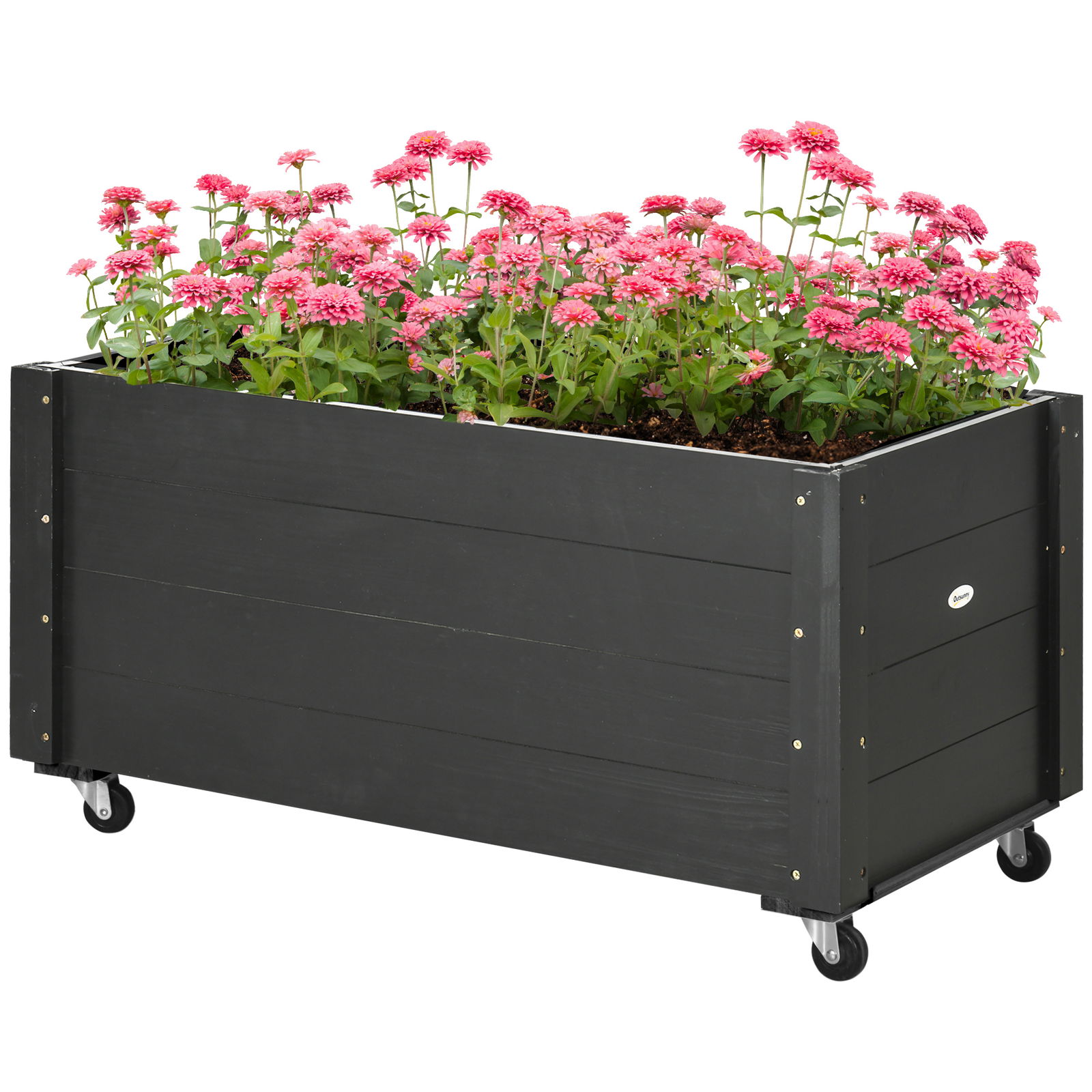 Outsunny Jardiniera de Gradina cu Orificiu de Drenaj si Captuseala din Material Netesut, Jardiniera din Lemn de Brad cu Roti, 89x48x47 cm